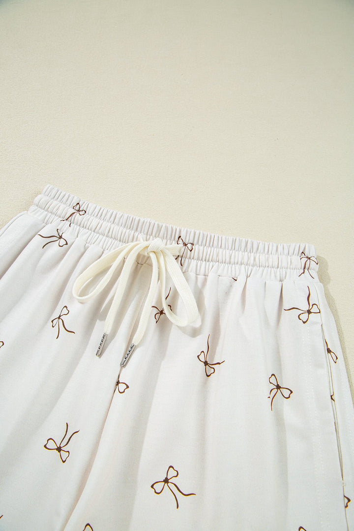 Beige Bow Print Half Zip Tank Top and Shorts Set - Maka Boho