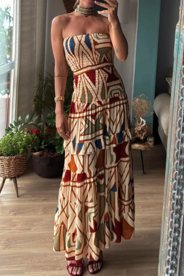 Smocked Printed Tube Dress - Maka Boho