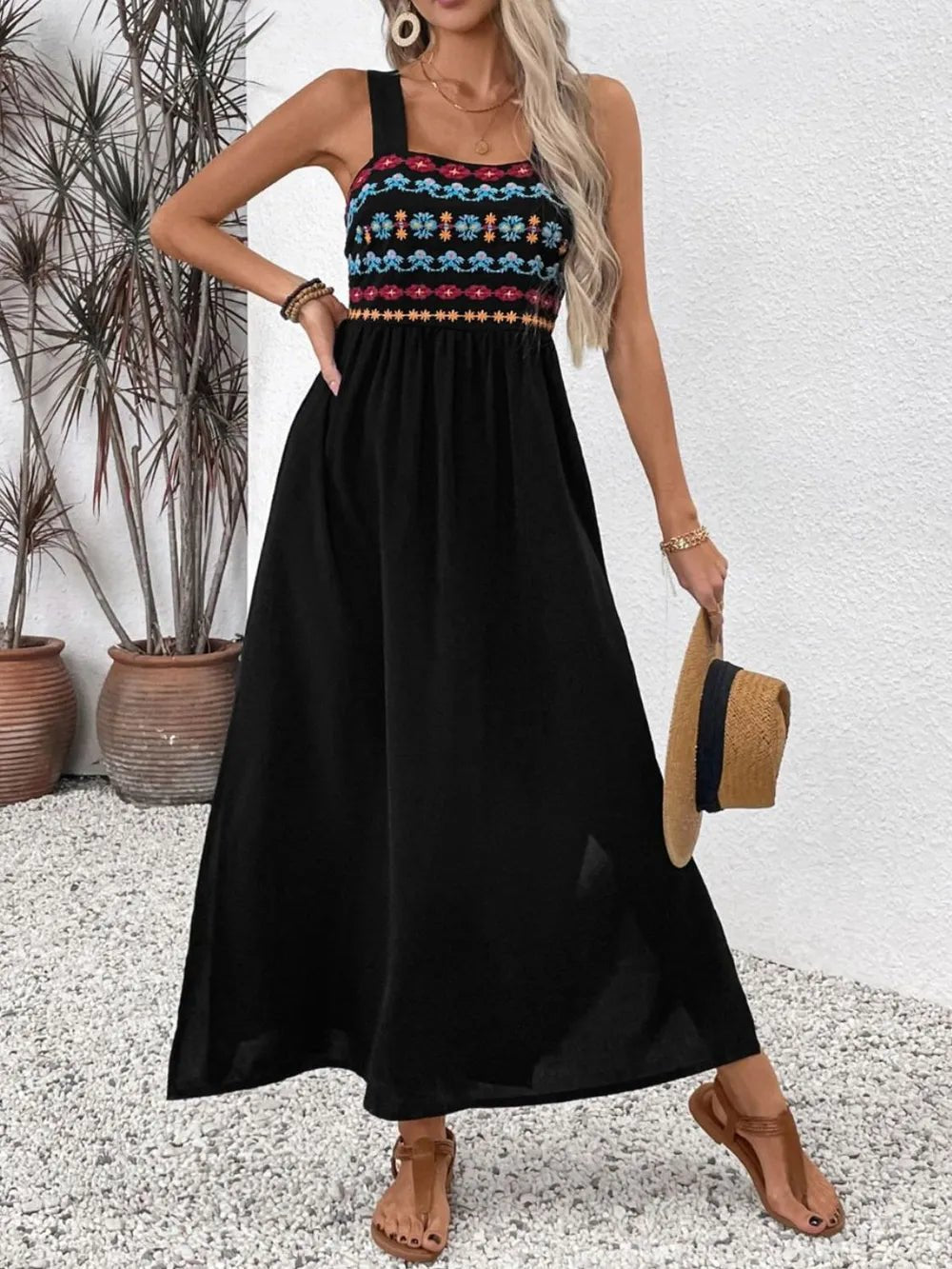 Perfee Embroidered Floral Side Slit Sleeveless Midi Dress - Maka Boho