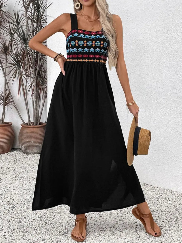 Perfee Embroidered Floral Side Slit Sleeveless Midi Dress - Maka Boho
