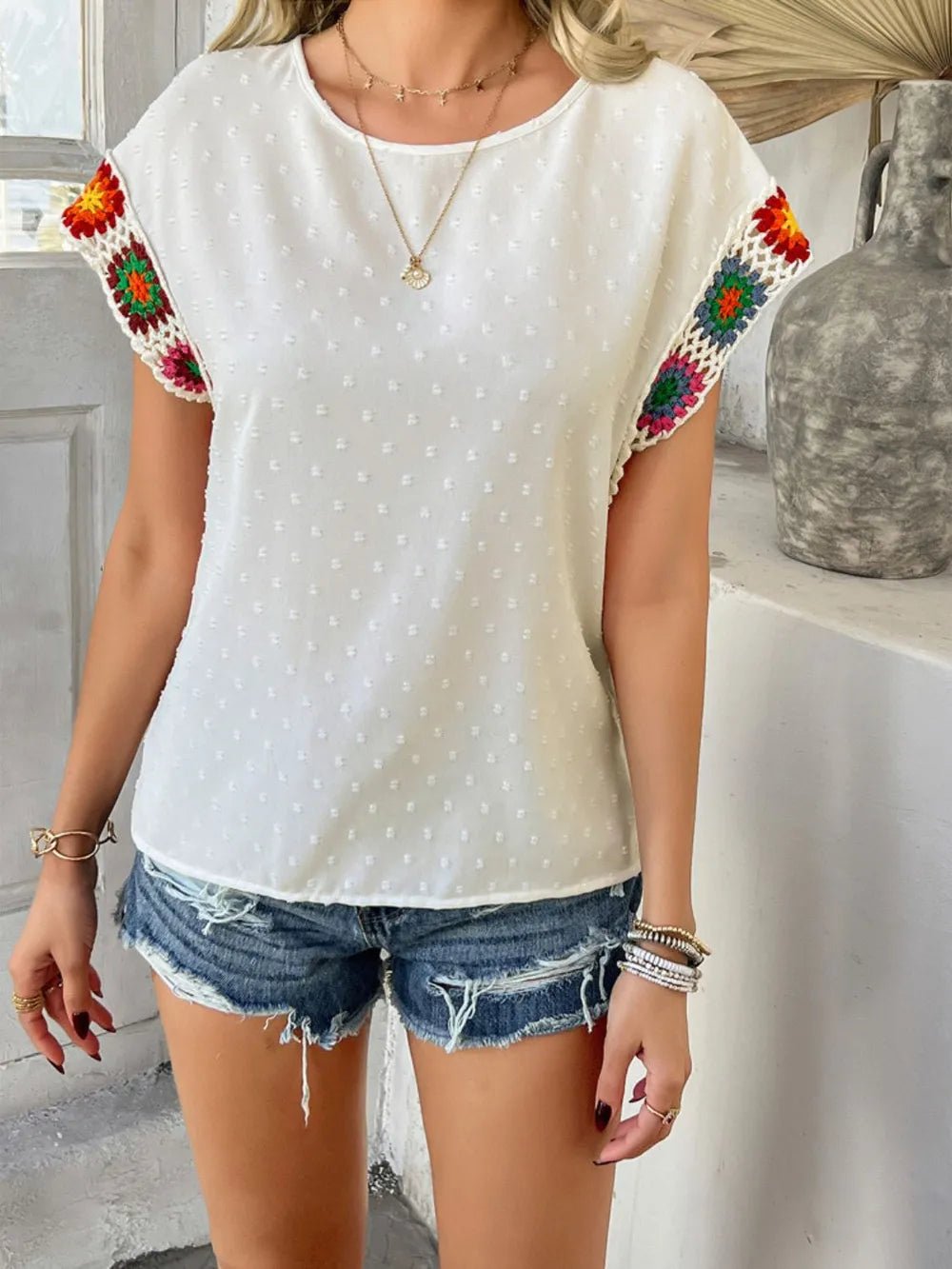 Devine Swiss Dot Round Neck Crochet Short Sleeve Top - Maka Boho
