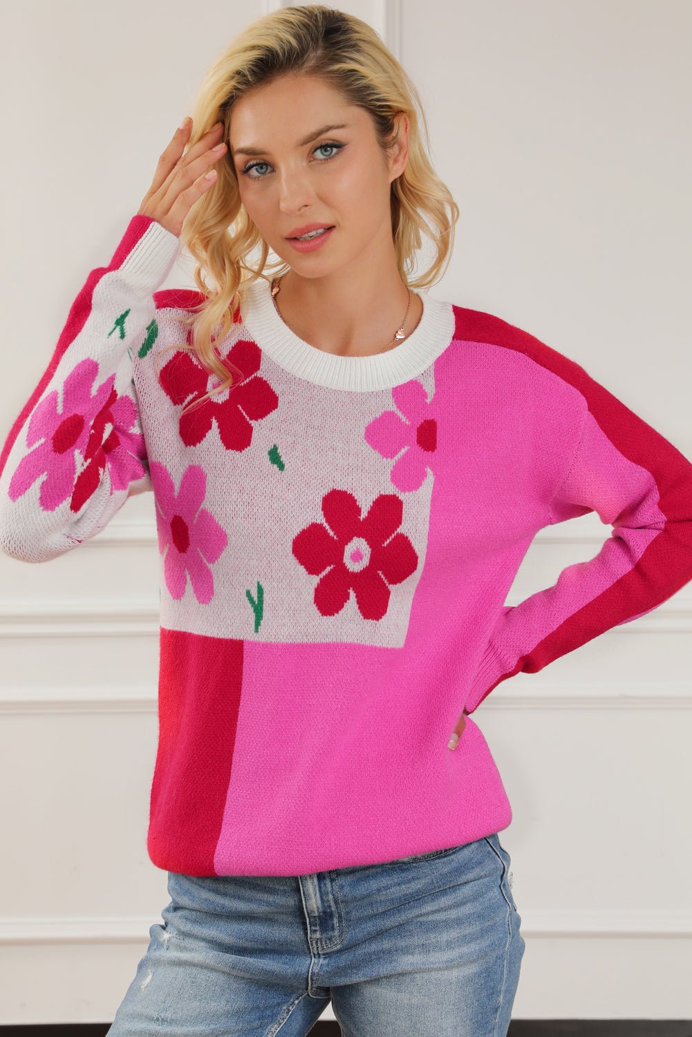 Rose Color Block Sweater - Maka Boho