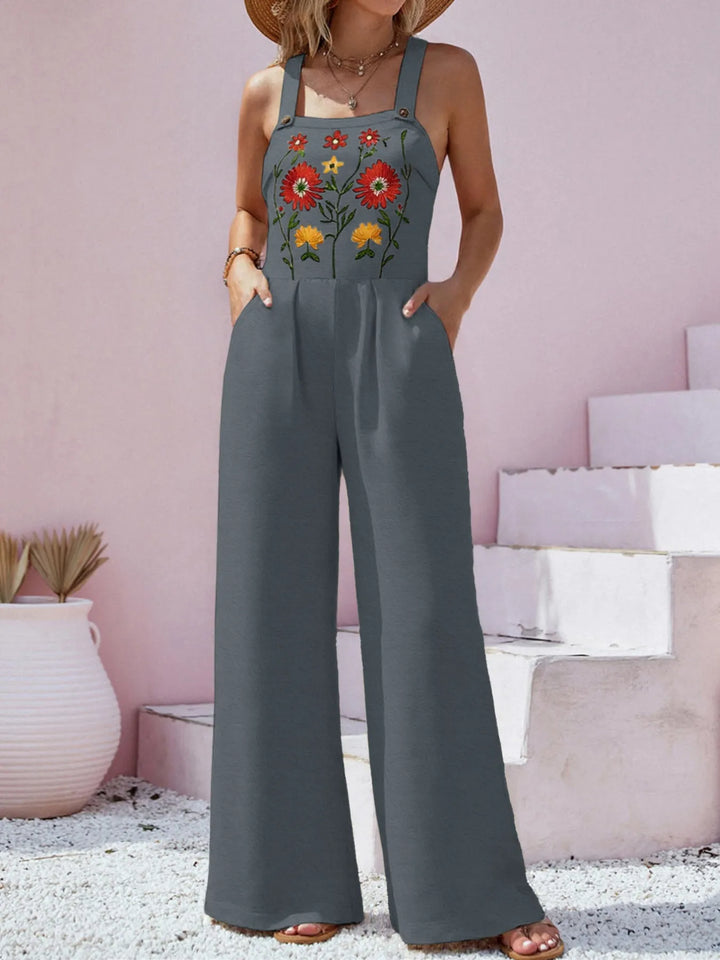 Floral Embroidered Wide Leg Jumpsuit - Maka Boho