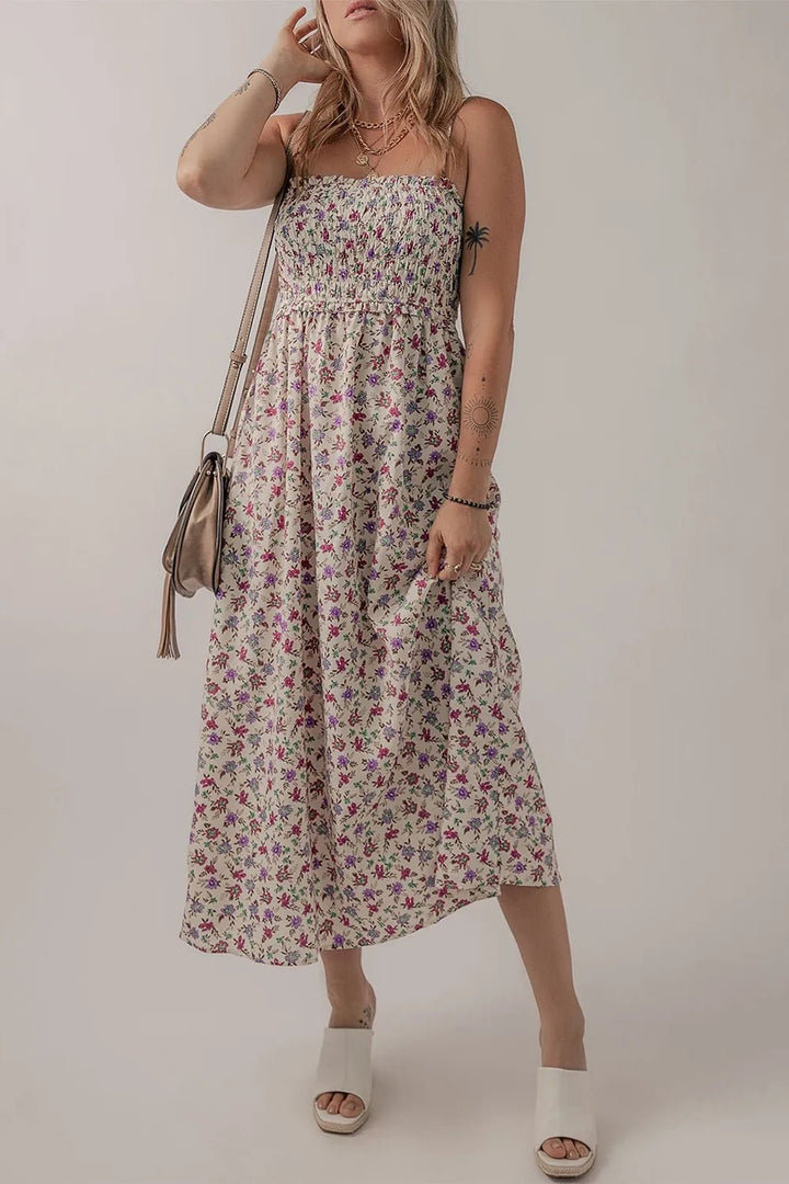 Multicolour Bohemian Ditsy Floral Smocked Fit Flare Sundress - Maka Boho