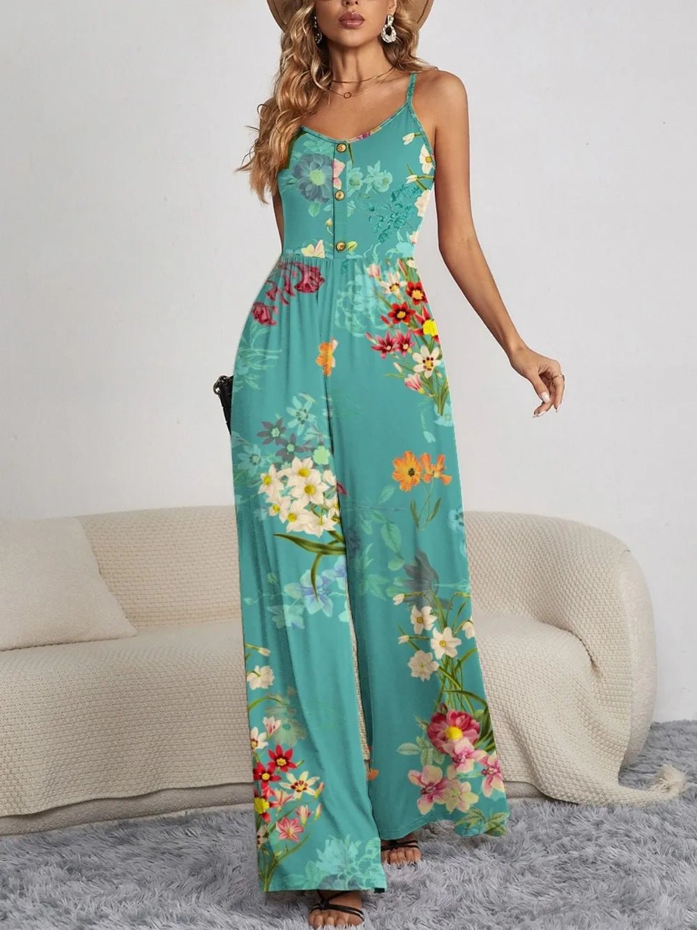 FAM - FAM Decorative Button Spaghetti Strap Wide Leg Jumpsuit - Maka Boho