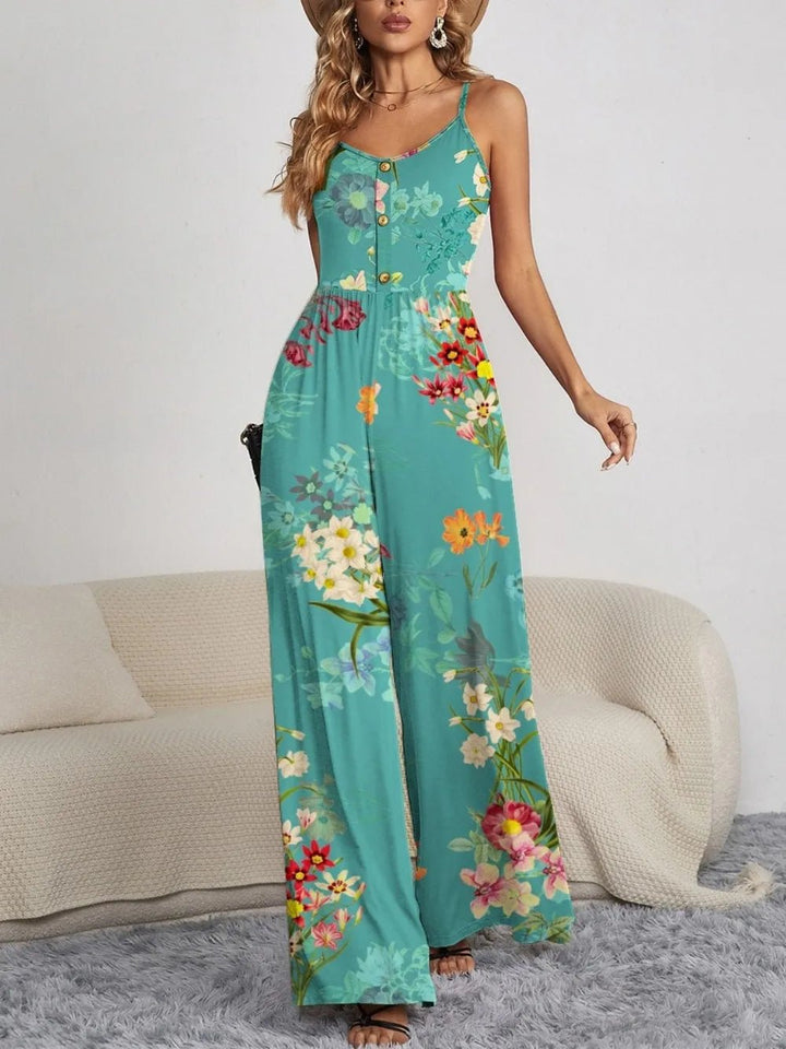 FAM - FAM Decorative Button Spaghetti Strap Wide Leg Jumpsuit - Maka Boho