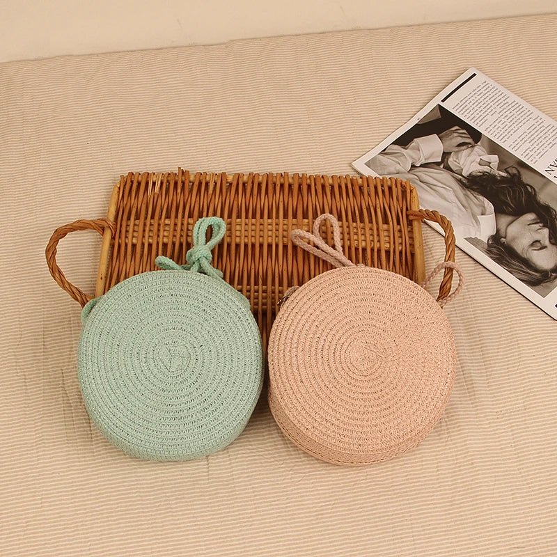 Summer Round Straw Bag For Women Woven Handmade Shoulder Bag New Travel Rattan Beach Bag Casual Style Crossbody Bag Handbag Purs - Maka Boho