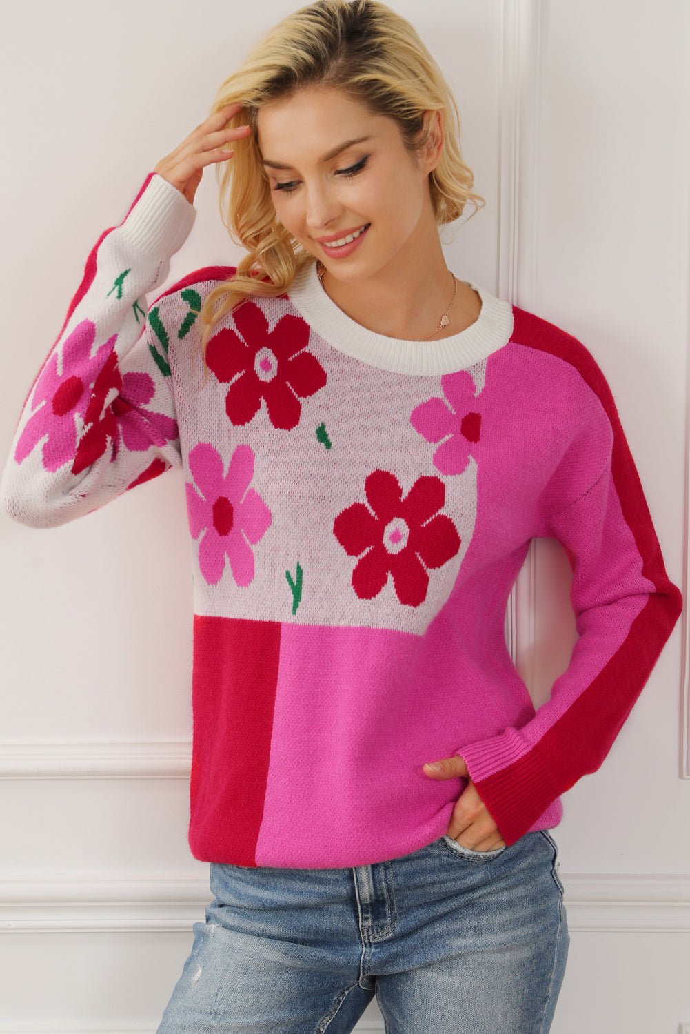 Rose Color Block Sweater - Maka Boho