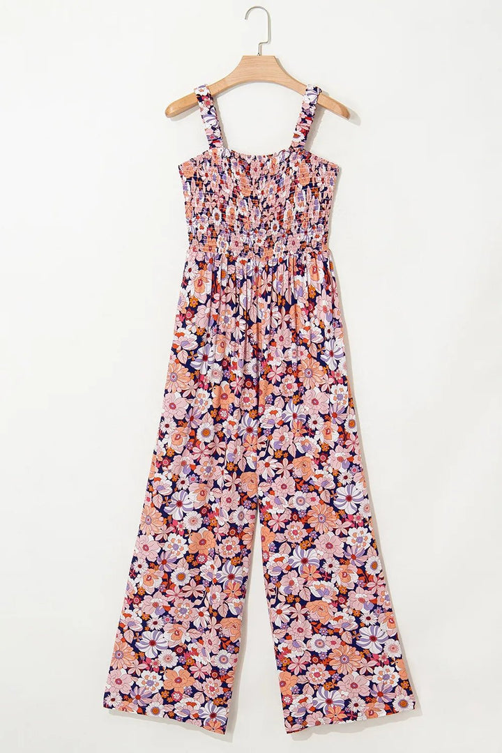 Floral Print Smocked High Waist Square Neck Jumpsuit - Maka Boho