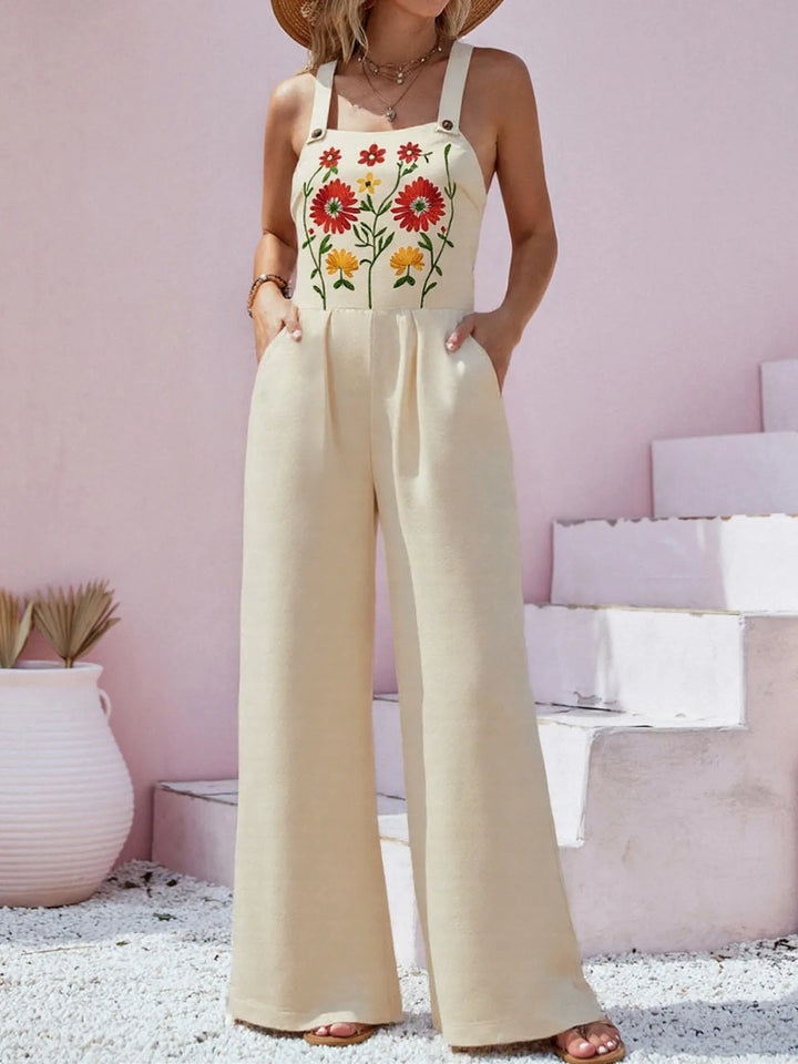 Floral Embroidered Wide Leg Jumpsuit - Maka Boho
