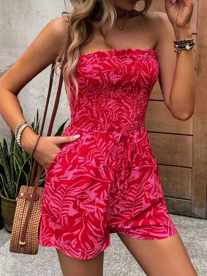 Perfee Smocked Printed Tube Romper with Pockets - Maka Boho