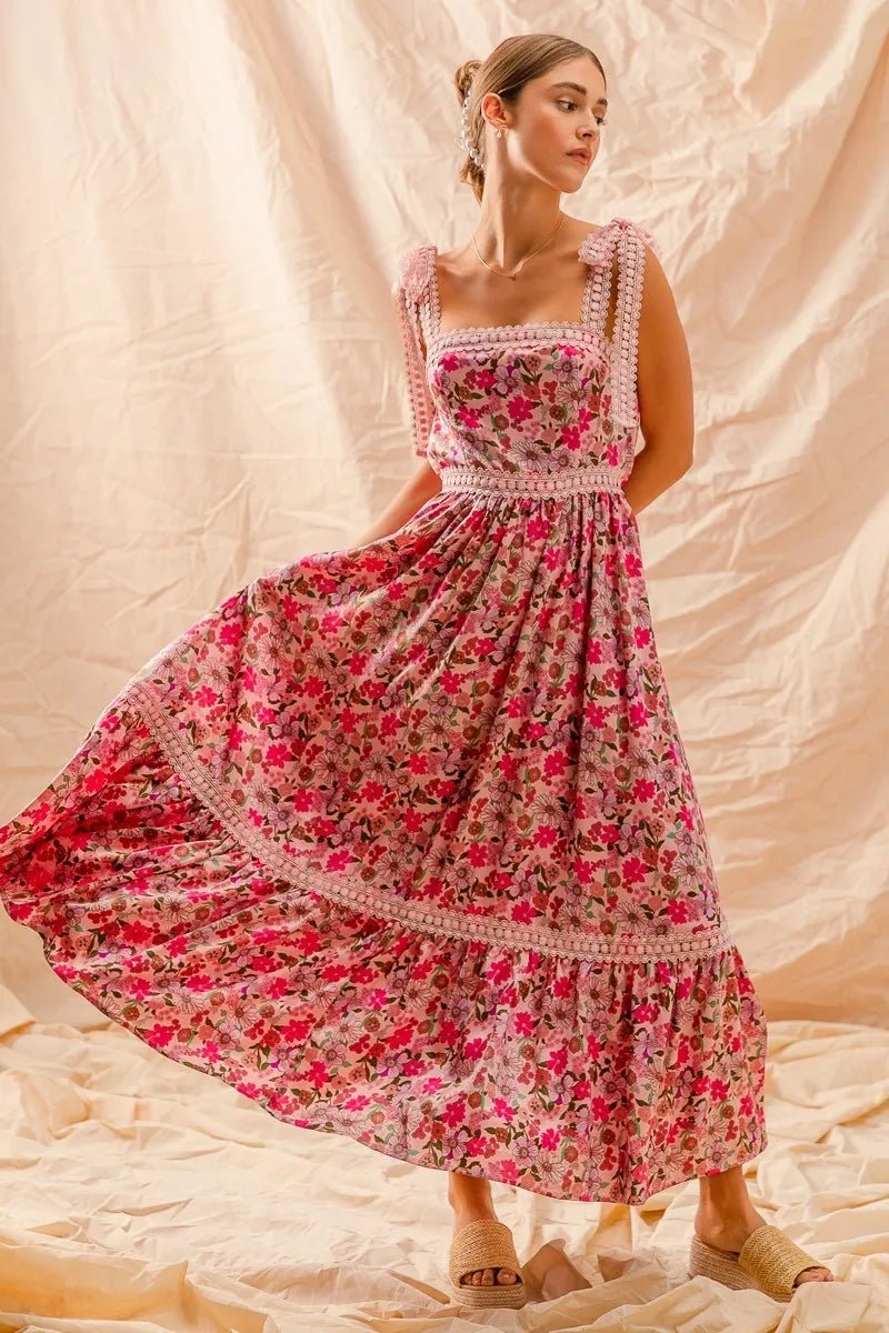 SO ME Floral Maxi Dress With Ribbon Tie Lace Strap - Maka Boho