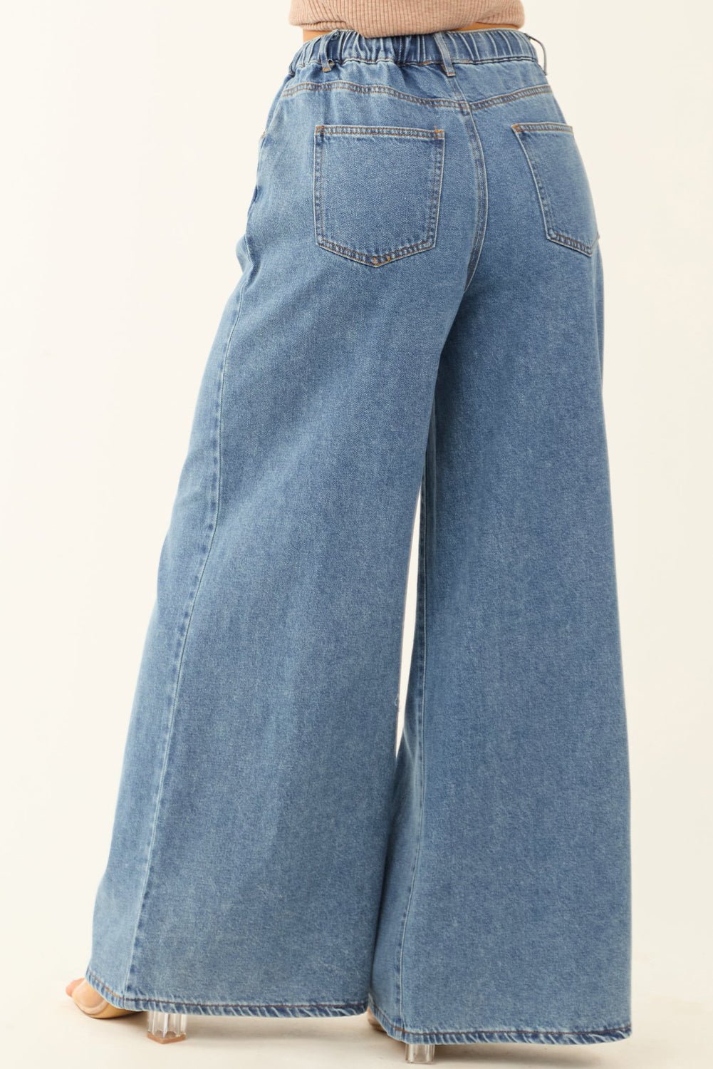 Dusk Blue Medium Wash Drawstring Waist Wide Leg Jeans - Maka Boho