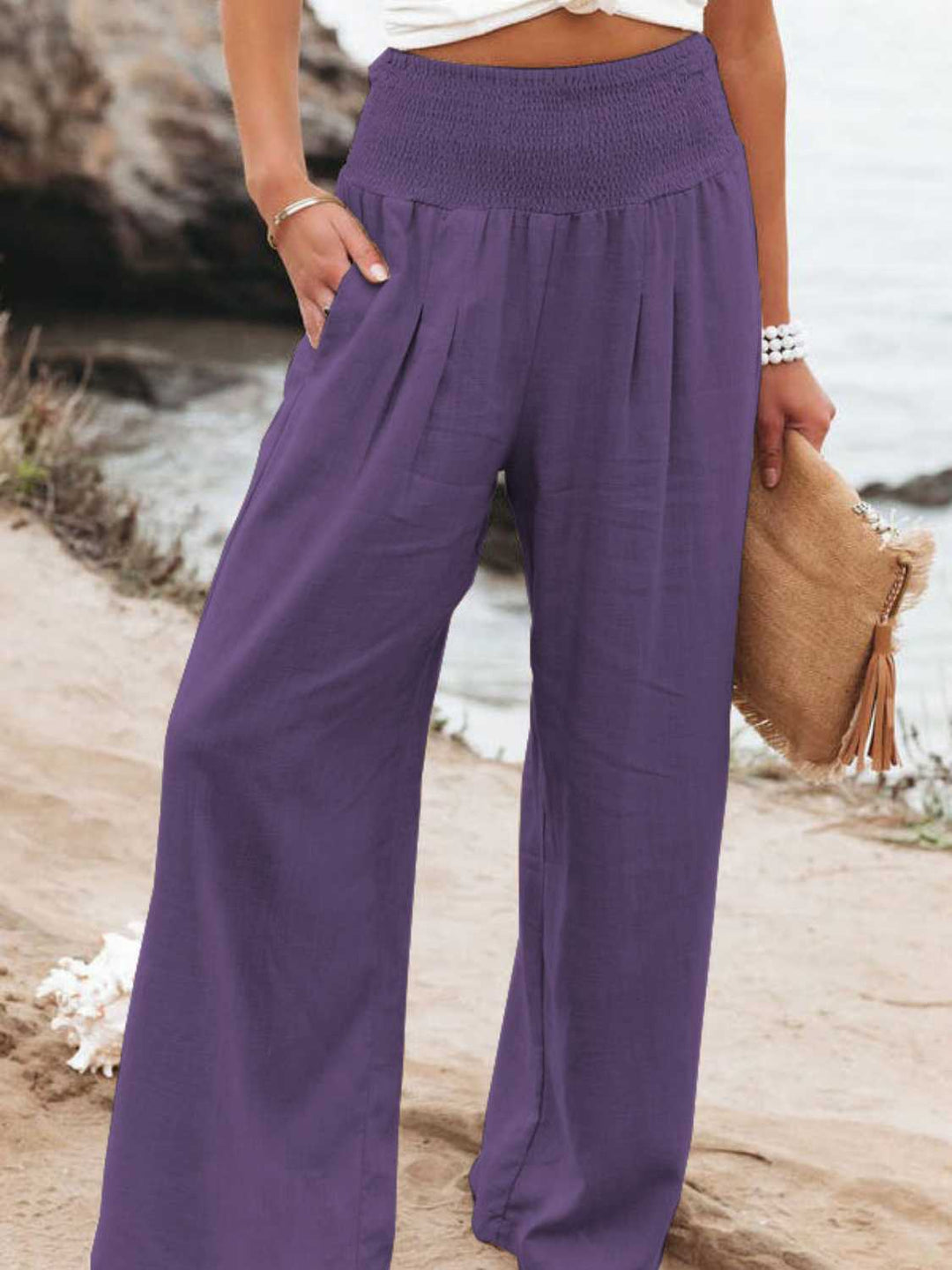 Full Size Smocked Waist Wide Leg Pants - Maka Boho