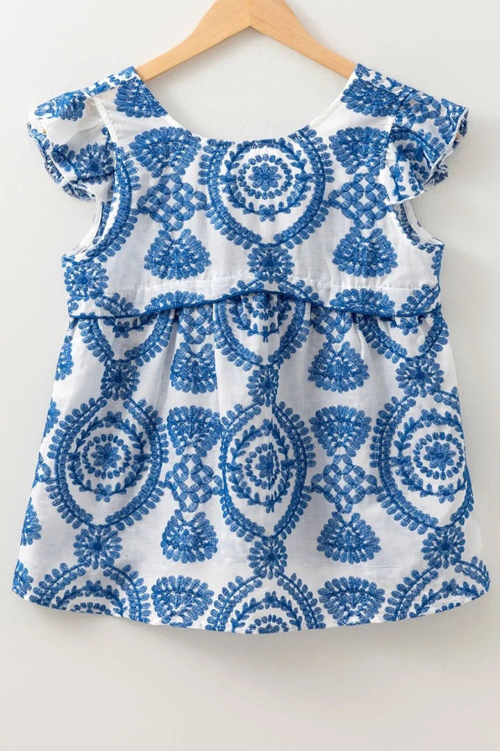 Boho Print Ruffled Cap Sleeve Crew Neck Blouse - Maka Boho