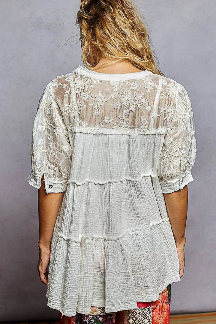 POL Lace Detail Tiered Round Neck Half Sleeve Blouse - Maka Boho