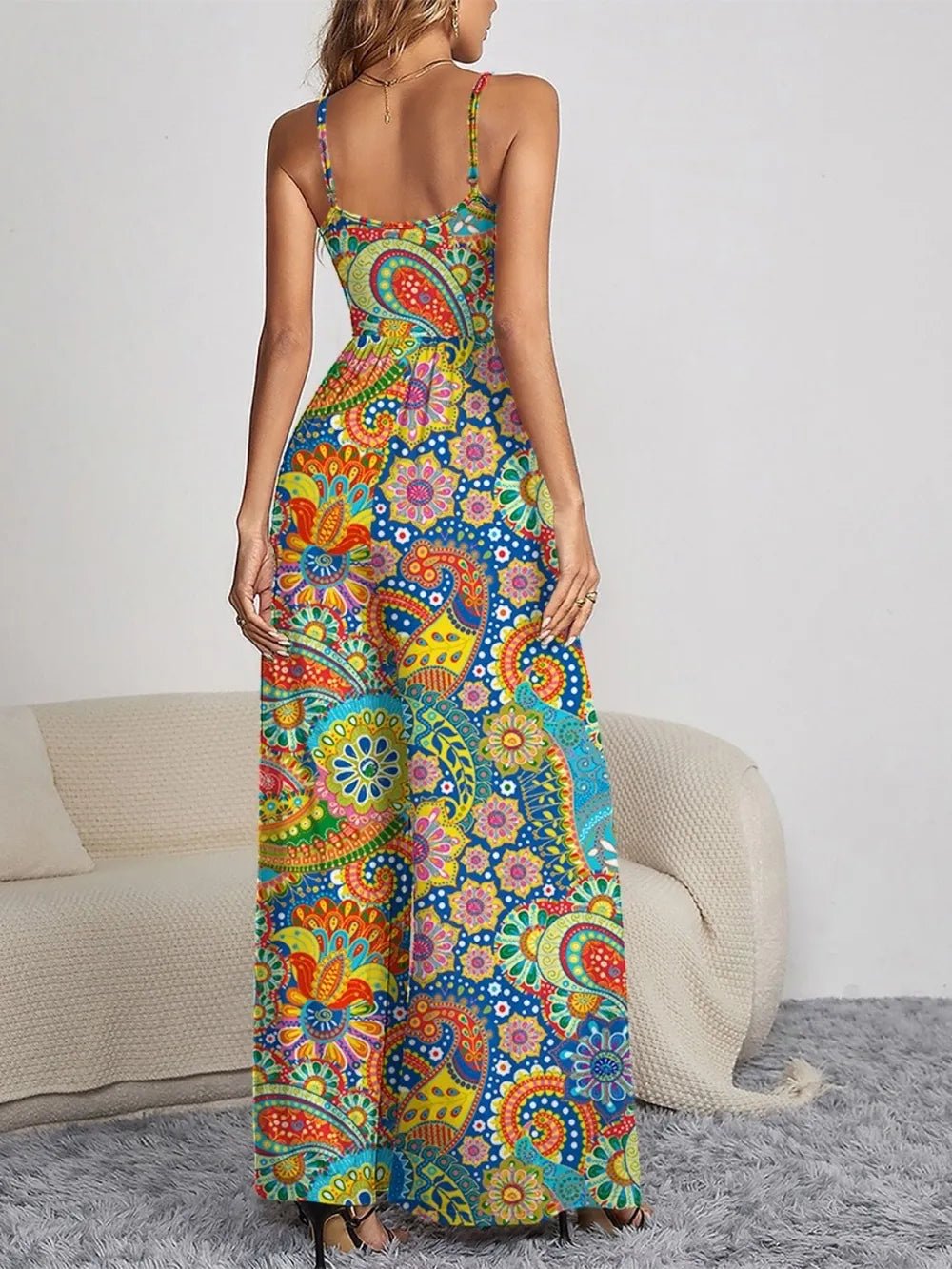 FAM - FAM Decorative Button Spaghetti Strap Wide Leg Jumpsuit - Maka Boho