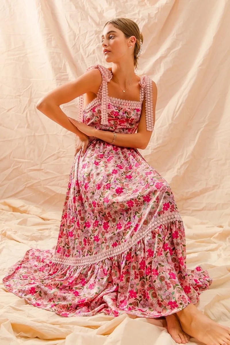 SO ME Floral Maxi Dress With Ribbon Tie Lace Strap - Maka Boho