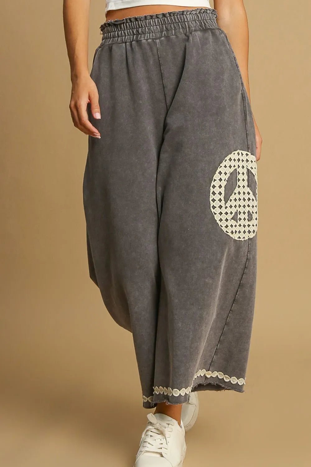 Umgee Full Size Peace Lace Applique Mineral Wash Wide Leg Pants Plus Size - Maka Boho