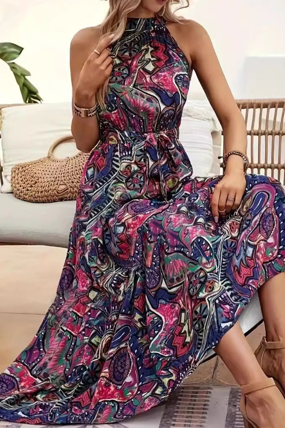 Tied Floral Sleeveless Dress - Maka Boho