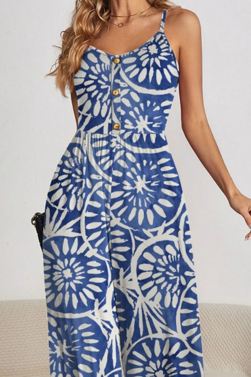 FAM - FAM Decorative Button Spaghetti Strap Wide Leg Jumpsuit - Maka Boho