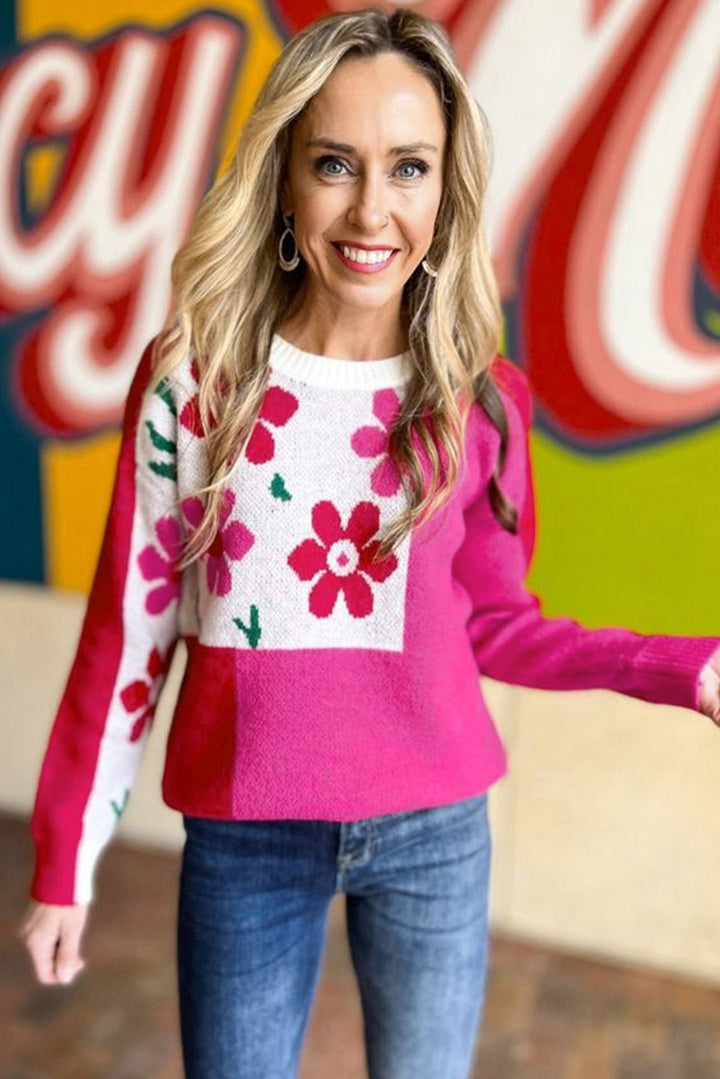 Rose Color Block Sweater - Maka Boho