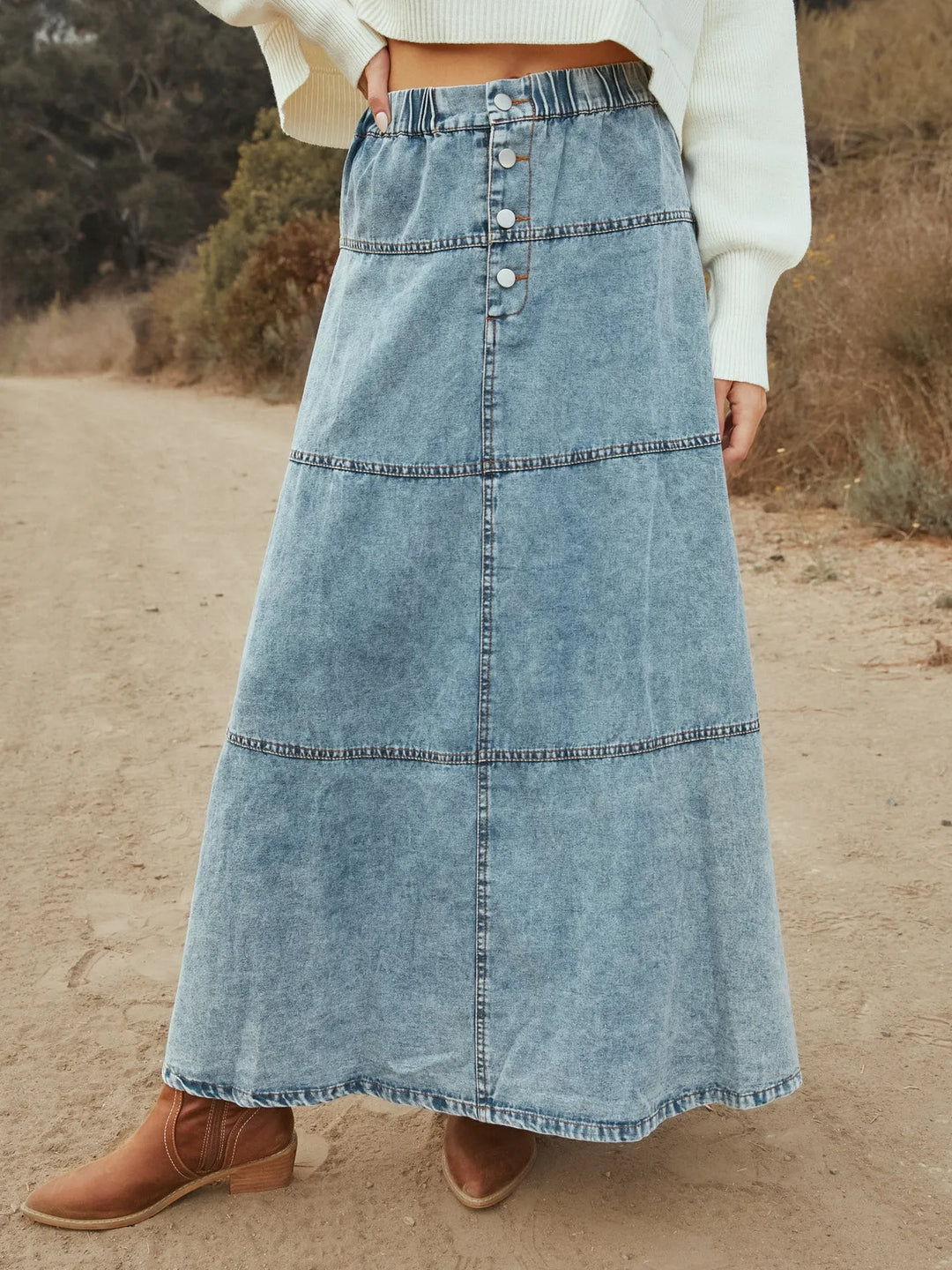 Button - Front Tiered Maxi Denim Skirt - Maka Boho