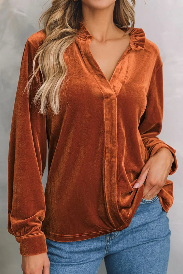 Notched Frill Detail Long Sleeve Blouse - Maka Boho