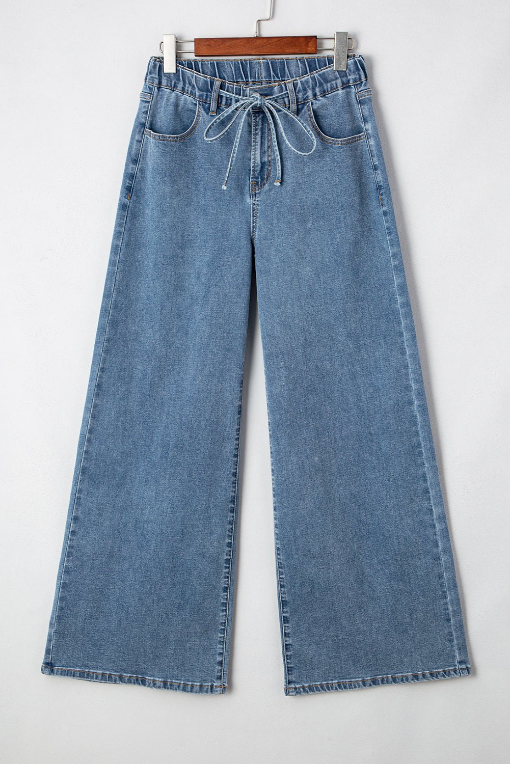 Dusk Blue Medium Wash Drawstring Waist Wide Leg Jeans - Maka Boho