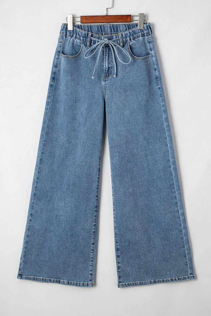 Dusk Blue Medium Wash Drawstring Waist Wide Leg Jeans - Maka Boho