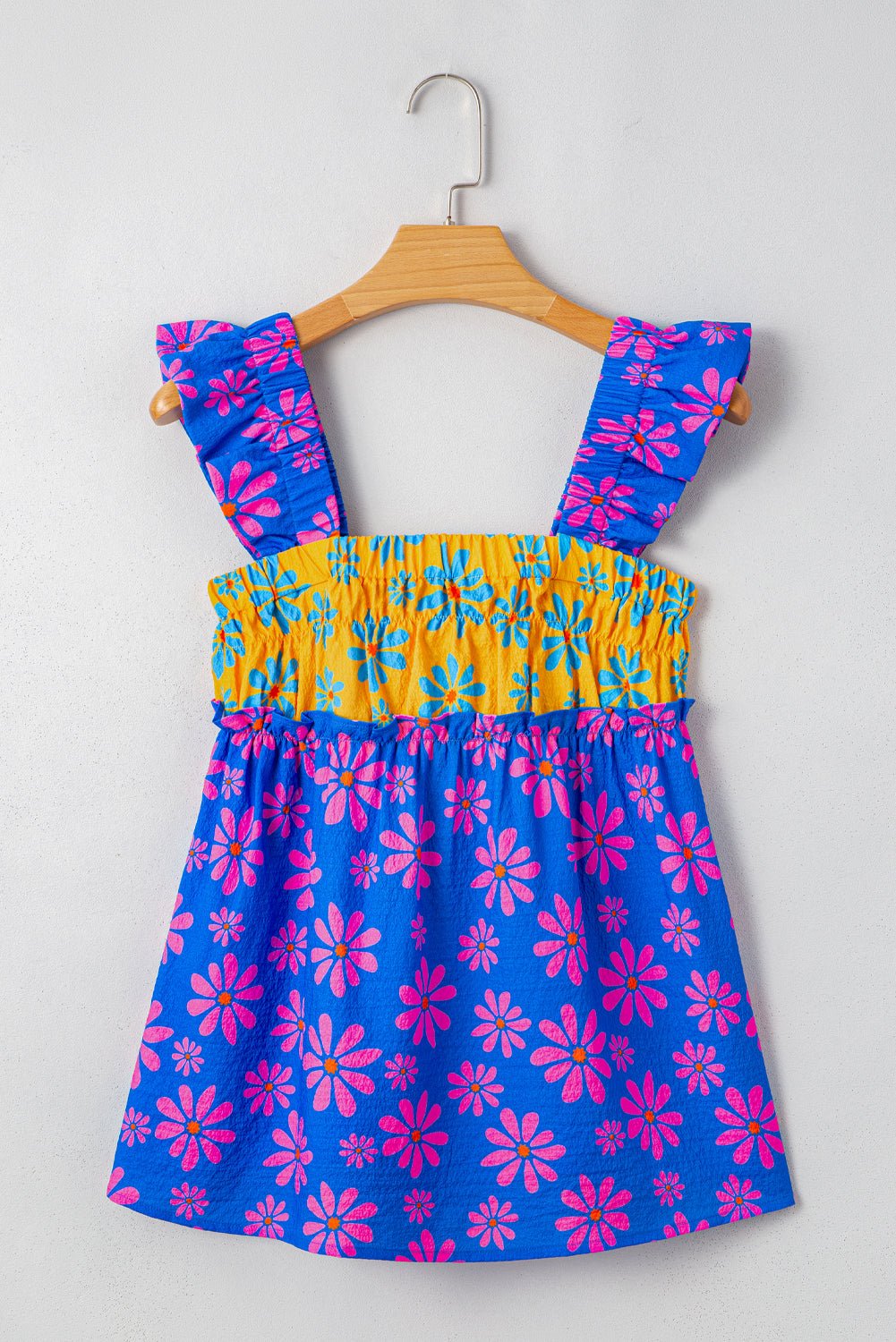 Blue Flower Colorblock Smocked Flutter Straps Flowy Top - Maka Boho