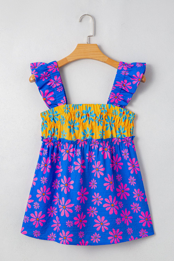 Blue Flower Colorblock Smocked Flutter Straps Flowy Top - Maka Boho