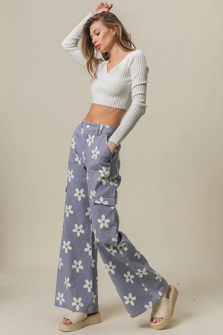 BiBi Flower Printed Side Pocket Wide Pants - Maka Boho