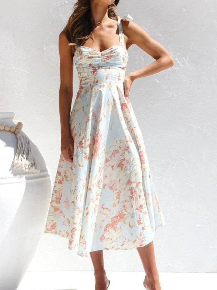 Floral Tie - Strap Sweetheart Neck Midi Dress - Maka Boho