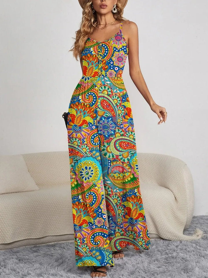 FAM - FAM Decorative Button Spaghetti Strap Wide Leg Jumpsuit - Maka Boho