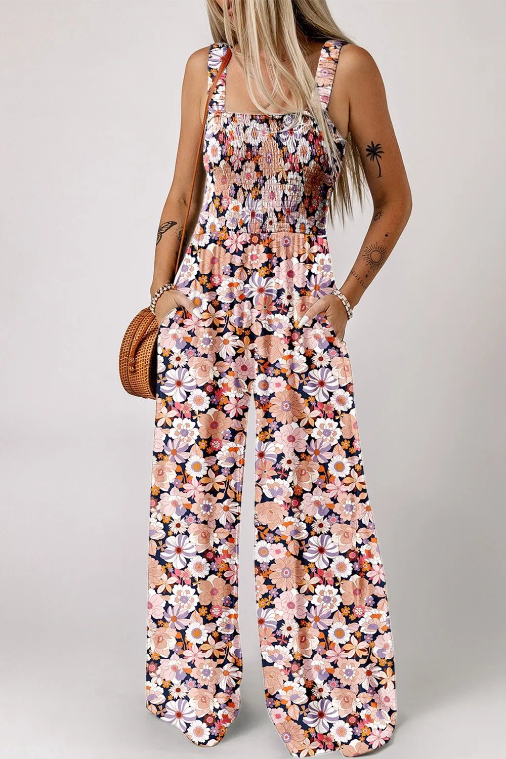 Floral Print Smocked High Waist Square Neck Jumpsuit - Maka Boho