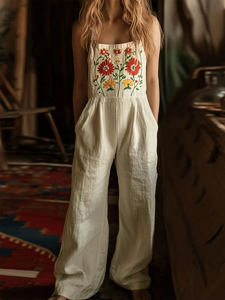 Floral Embroidered Wide Leg Jumpsuit - Maka Boho