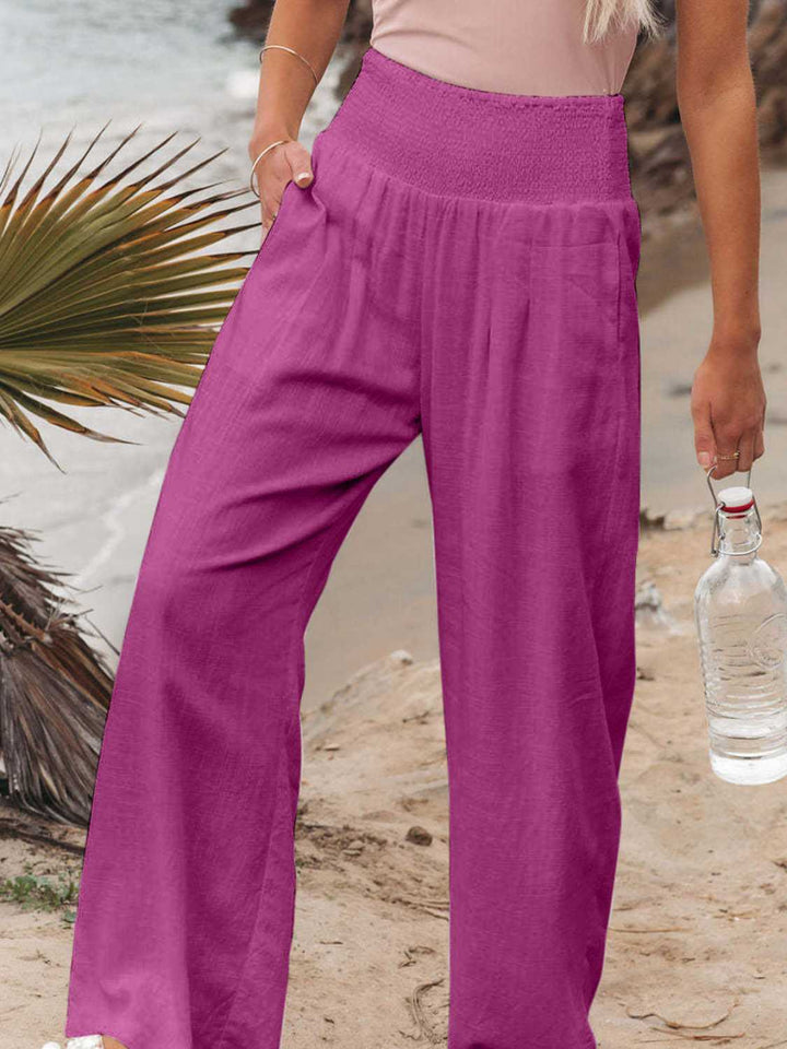 Full Size Smocked Waist Wide Leg Pants - Maka Boho
