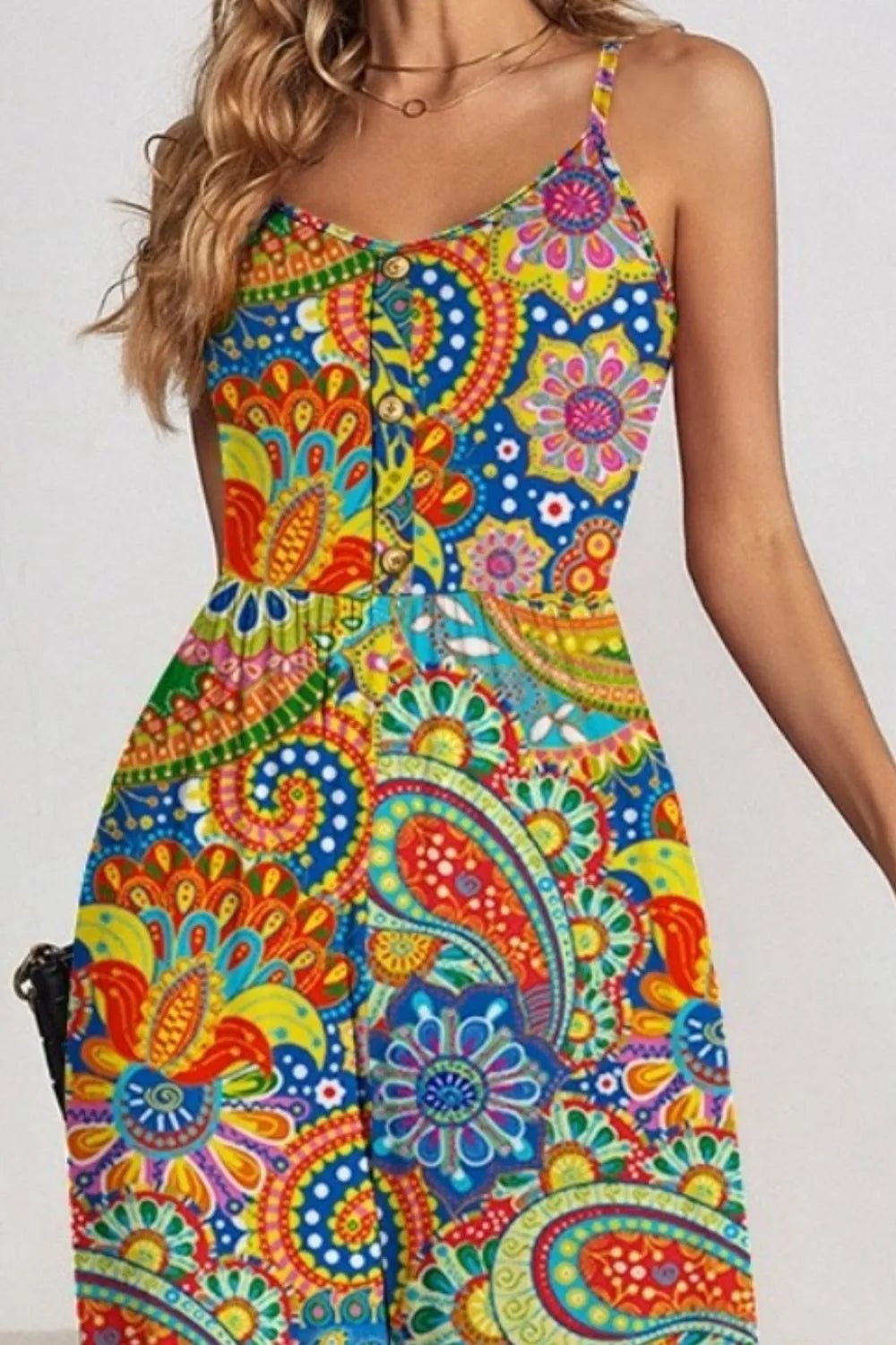 FAM - FAM Decorative Button Spaghetti Strap Wide Leg Jumpsuit - Maka Boho