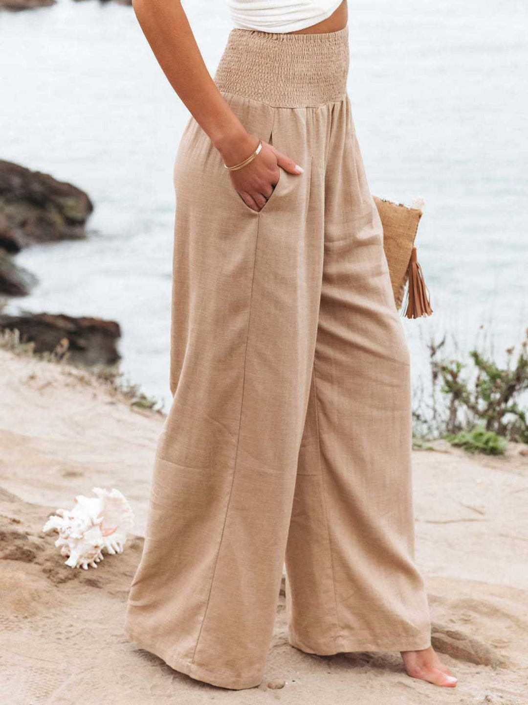 Full Size Smocked Waist Wide Leg Pants - Maka Boho