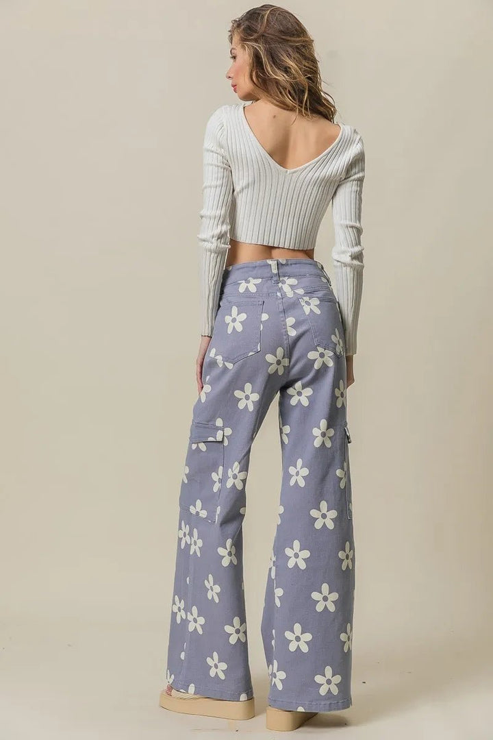 BiBi Flower Printed Side Pocket Wide Pants - Maka Boho