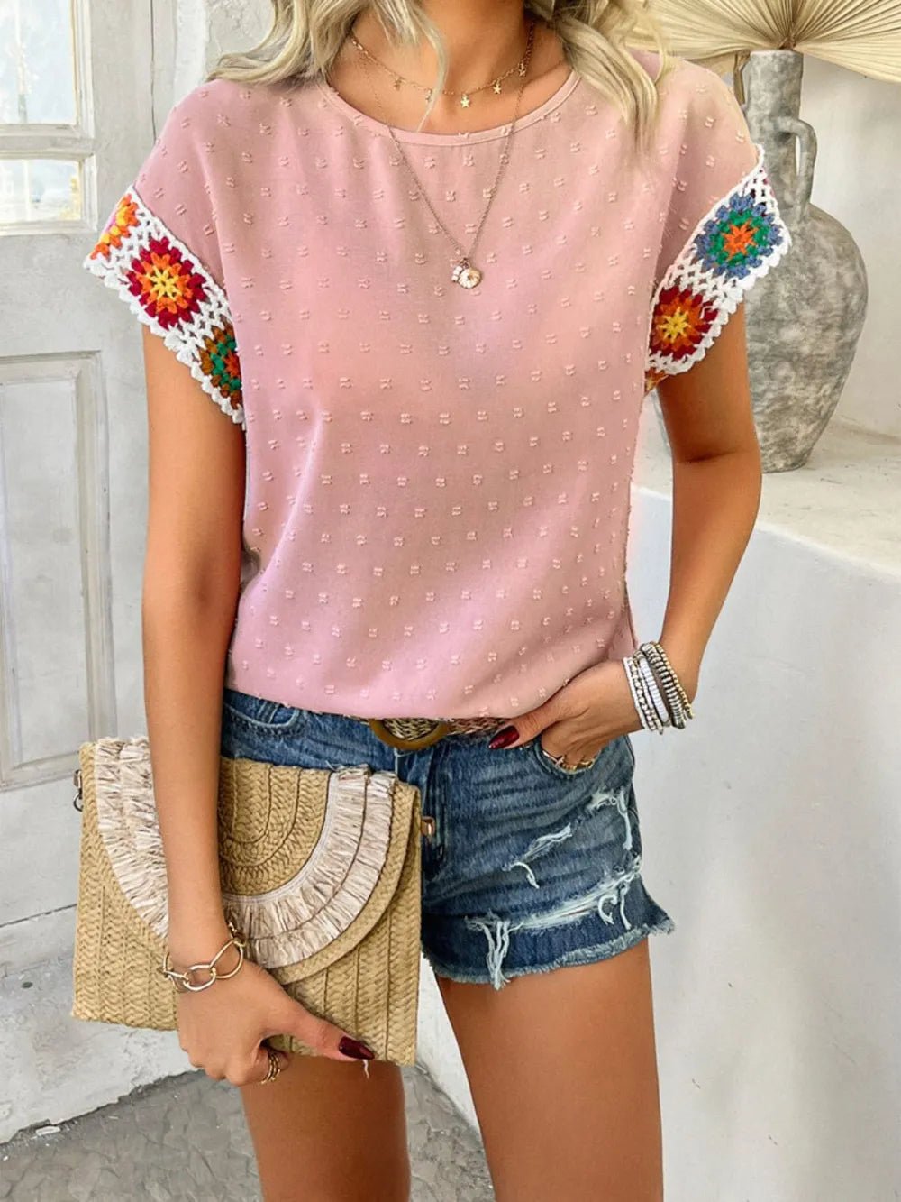 Devine Swiss Dot Round Neck Crochet Short Sleeve Top - Maka Boho