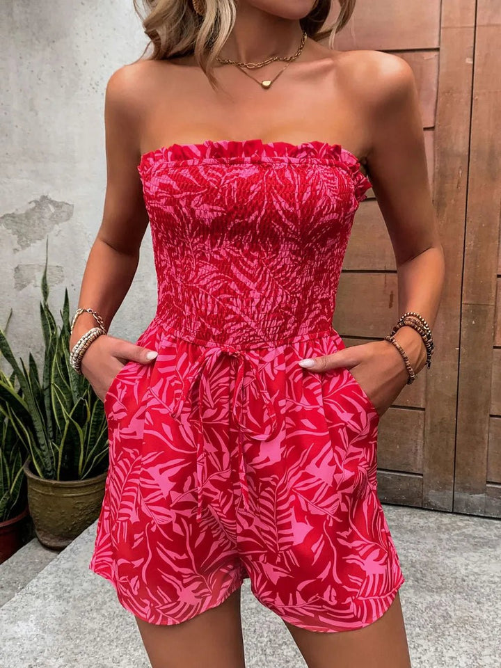 Perfee Smocked Printed Tube Romper with Pockets - Maka Boho