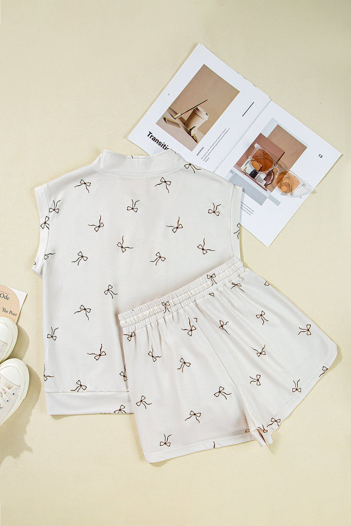 Beige Bow Print Half Zip Tank Top and Shorts Set - Maka Boho