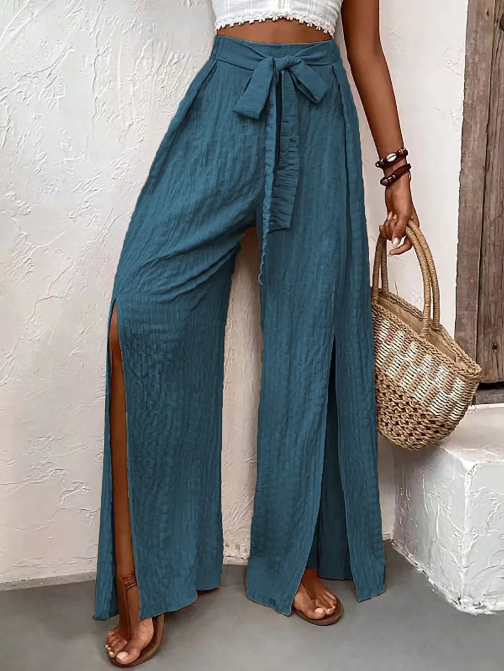 Honey Tied Slit Wide Leg Pants - Maka Boho