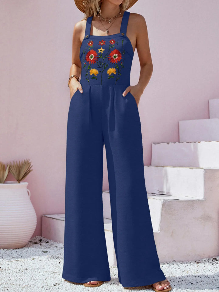 Floral Embroidered Wide Leg Jumpsuit - Maka Boho