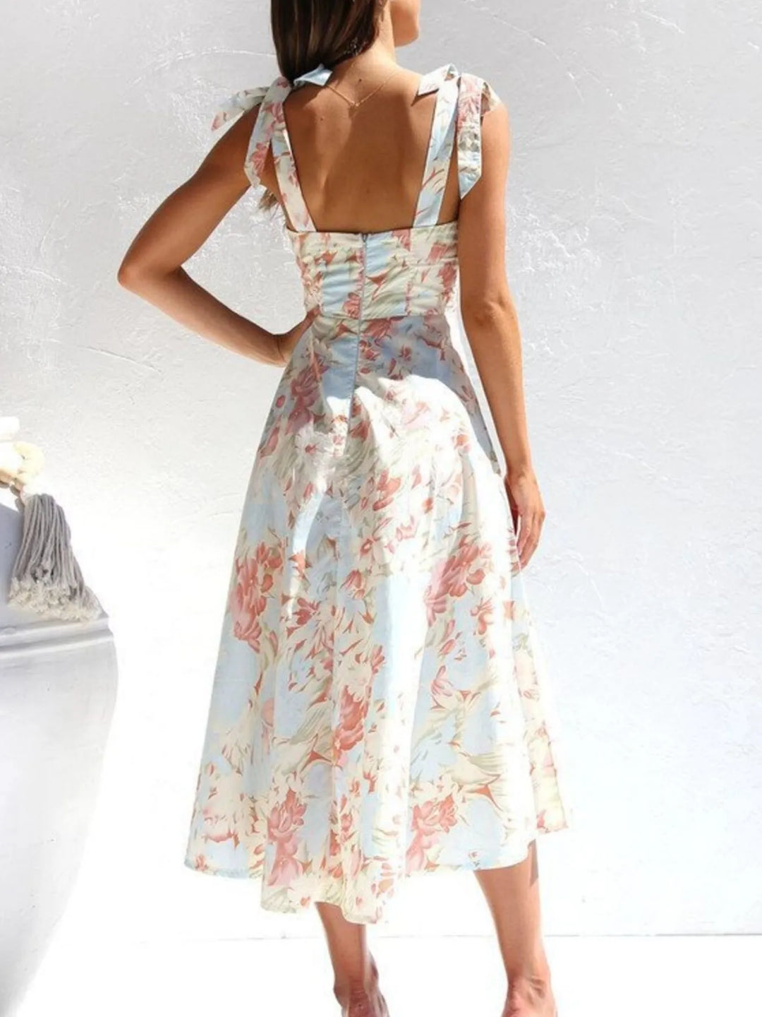 Floral Tie - Strap Sweetheart Neck Midi Dress - Maka Boho