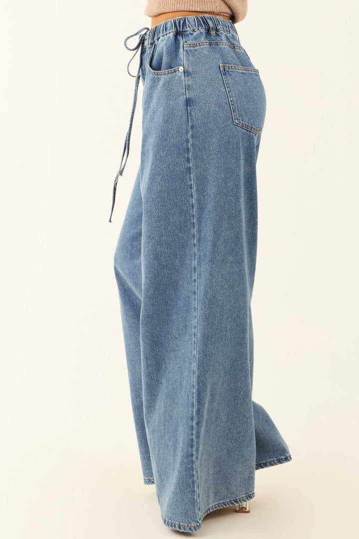 Dusk Blue Medium Wash Drawstring Waist Wide Leg Jeans - Maka Boho