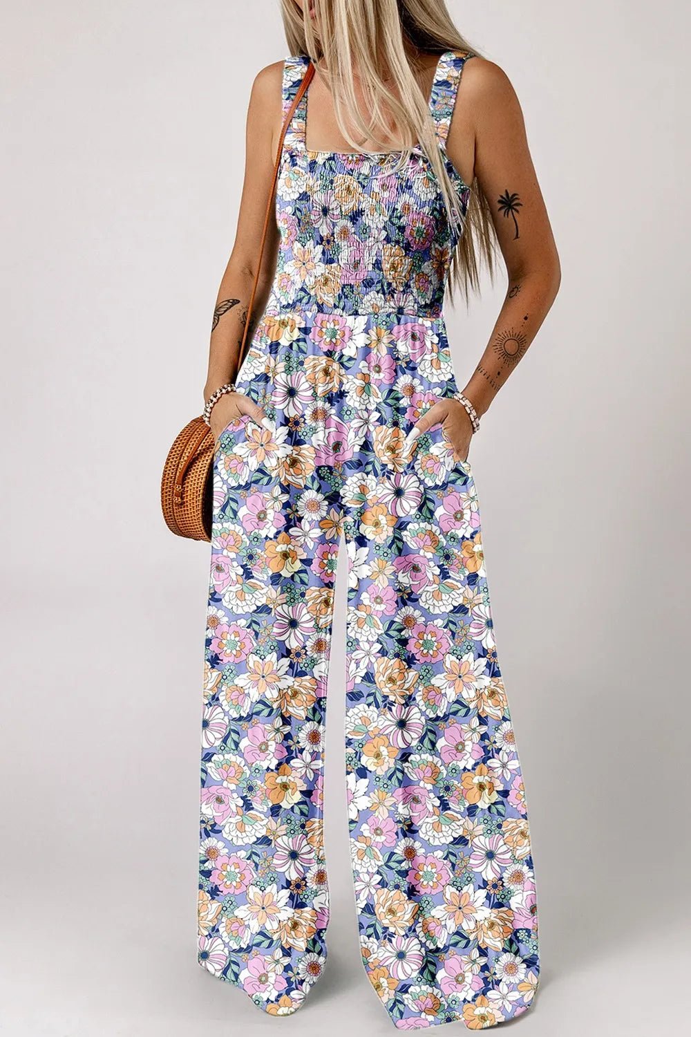 Floral Print Smocked High Waist Square Neck Jumpsuit - Maka Boho