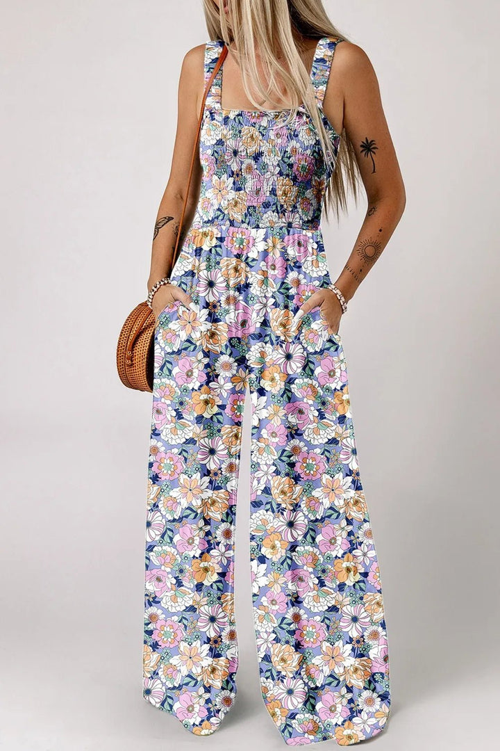 Floral Print Smocked High Waist Square Neck Jumpsuit - Maka Boho